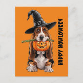 Basset hound met heksen pet en pompoen briefkaart (Voorkant)