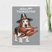 Basset hound met kalkoen in de mond thanksgiving kaart (Voorkant)