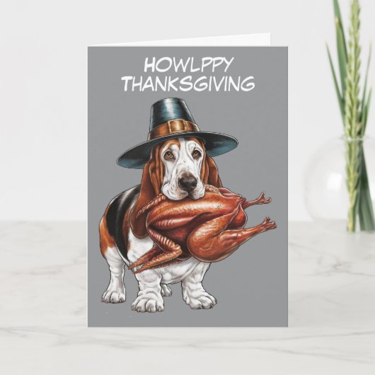 Basset hound met kalkoen in de mond thanksgiving kaart (Voorkant)