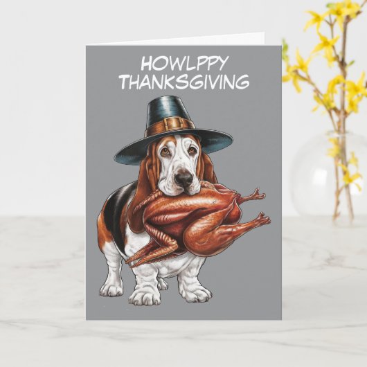 Basset hound met kalkoen in de mond thanksgiving kaart (Gele Bloem)