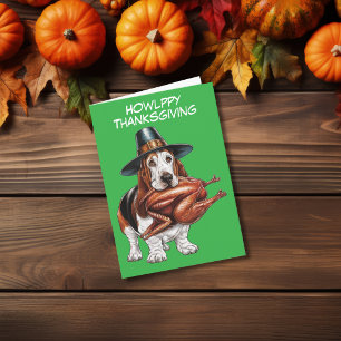 Basset hound met kalkoen in de mond thanksgiving kaart