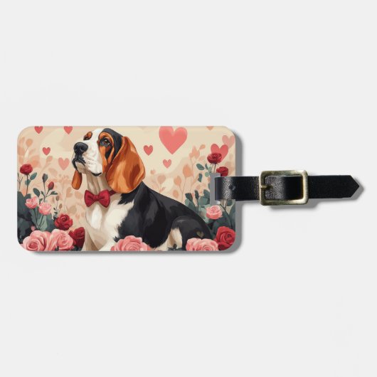 Basset Hound met Rozen - Valentijnsdag Bagagelabel (Voorkant horizontaal)