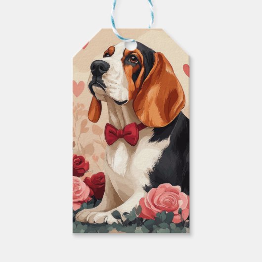Basset Hound met Rozen - Valentijnsdag Cadeaulabel (Voorkant)