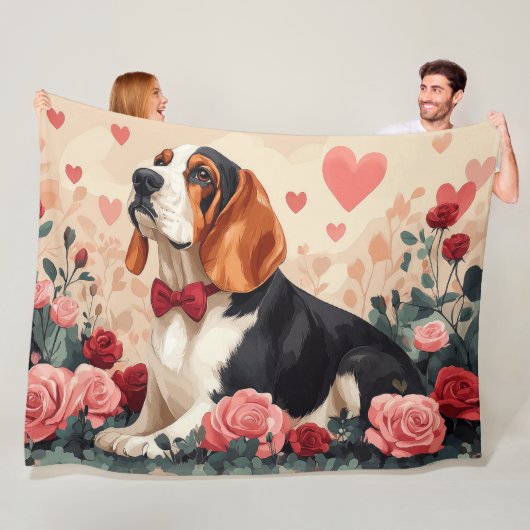 Basset Hound met Rozen - Valentijnsdag Fleece Deken (In situ)