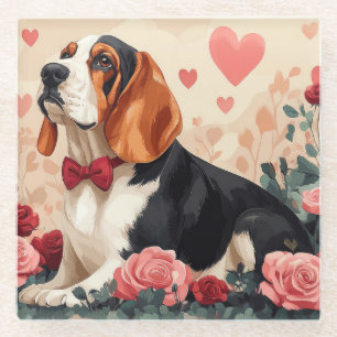 Basset Hound met Rozen - Valentijnsdag Glazen Onderzetter