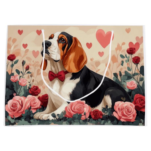 Basset Hound met Rozen - Valentijnsdag Groot Cadeauzakje (Voorkant)