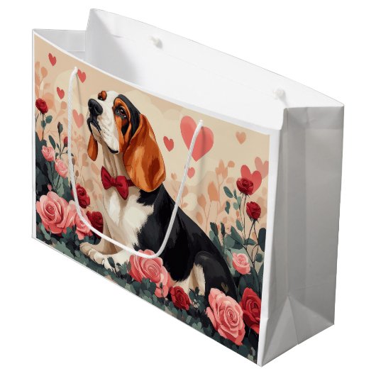 Basset Hound met Rozen - Valentijnsdag Groot Cadeauzakje (Voorkant Gekanteld)