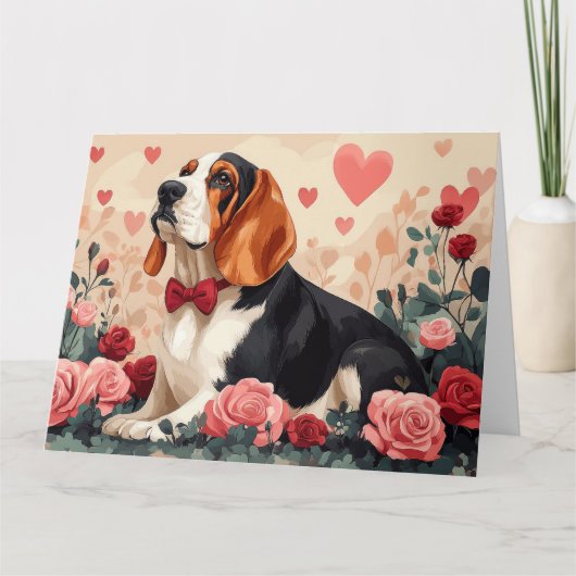 Basset Hound met rozen - Valentijnsdag Kaart (Voorkant)