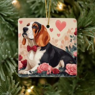 Basset Hound met Rozen - Valentijnsdag  Keramisch Ornament