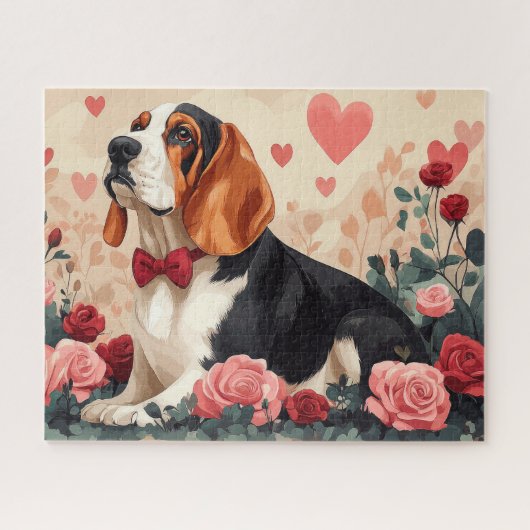 Basset Hound met Rozen - Valentijnsdag Legpuzzel (Horizontaal)