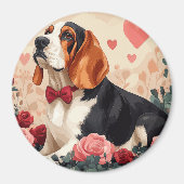 Basset Hound met Rozen - Valentijnsdag Magneet (Voorkant)