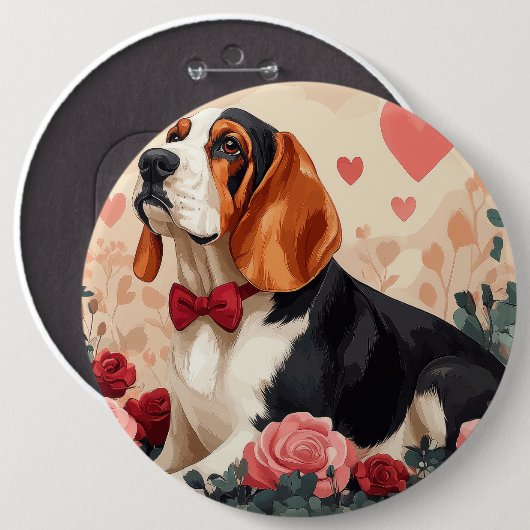 Basset Hound met Rozen - Valentijnsdag Ronde Button 6,0 Cm (Voorkant /achterkant)