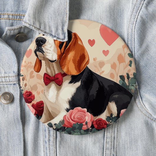 Basset Hound met Rozen - Valentijnsdag Ronde Button 6,0 Cm (In situ)