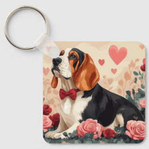 Basset Hound met Rozen - Valentijnsdag Sleutelhanger