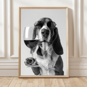 Basset Hound met wijn Muur Kunst, Zwart en Wit Poster