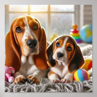 Basset Hound moeder en haar puppy Poster