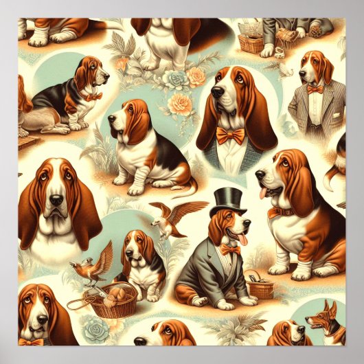  Basset Hound Naadloze Illustratie Poster (Voorkant)