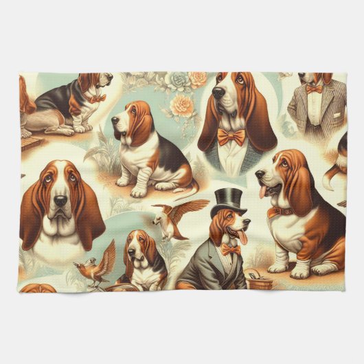  Basset Hound Naadloze Illustratie Theedoek (Horizontaal)