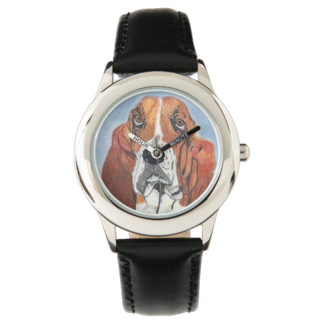 Basset Hound Named Watson a Hand Drawn Creation Horloge (Voorkant)