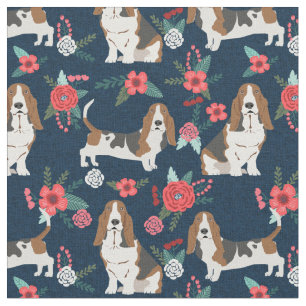 Basset Hound navy en roze floral Stof