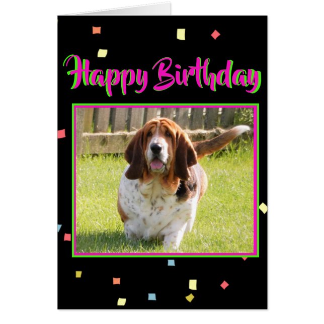 Basset Hound on Cute Birthday Card W/Cake (Voorkant)