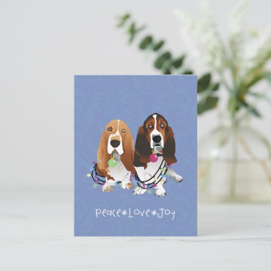 Basset Hound Peace Love Joy-kerstontwerp Feestdagenkaart (Staand voorkant)