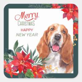 Basset Hound Poinsettia Border Kerstmis Vierkante Sticker