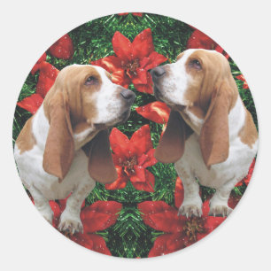 Basset Hound Poinsettia Kerstmis Ronde Sticker