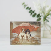 Basset hound-puppies onder paraplu CC0181 Trood Briefkaart (Staand voorkant)