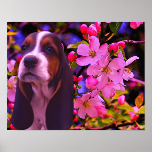 Basset Hound Puppy Blossom Dog Art Poster