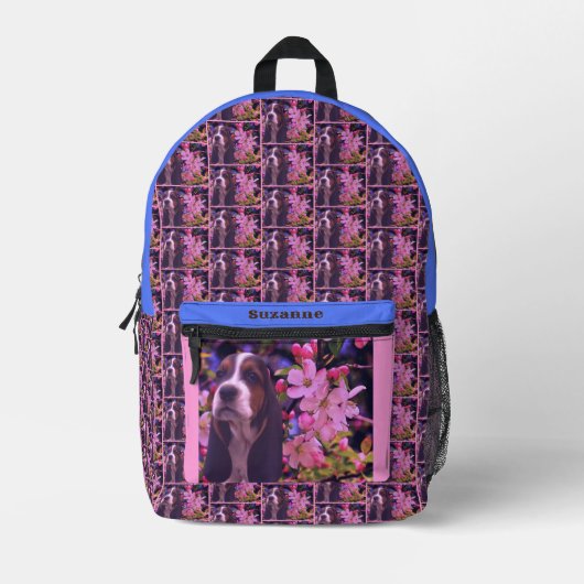 Basset Hound Puppy Flowers Gepersonaliseerd Bedrukte Rugzak (Voorkant)