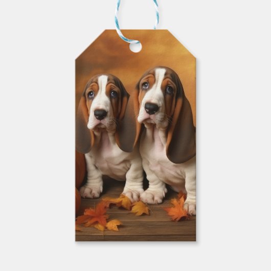 Basset Hound Puppy Herfst Verrukking Pompoen Cadeaulabel (Voorkant)