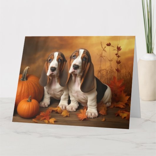 Basset Hound Puppy Herfst Verrukking Pompoen Kaart (Voorkant)