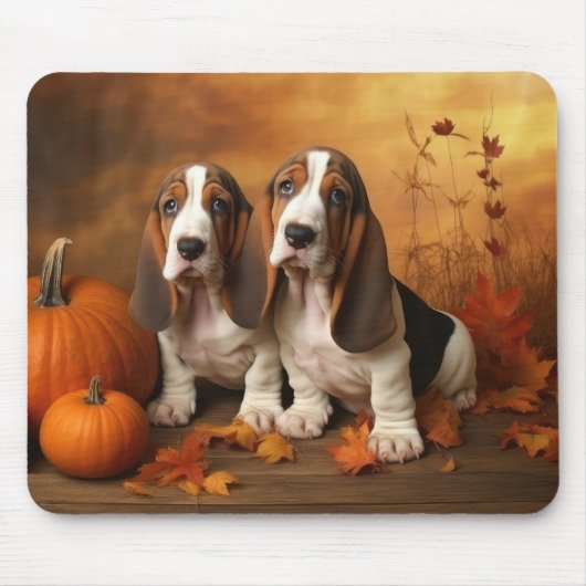 Basset Hound Puppy Herfst Verrukking Pompoen Muismat (Voorkant)