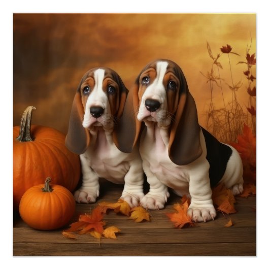 Basset Hound Puppy Herfst Verrukking Pompoen Perfect Poster (Voorkant)