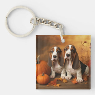 Basset Hound Puppy Herfst Verrukking Pompoen Sleutelhanger