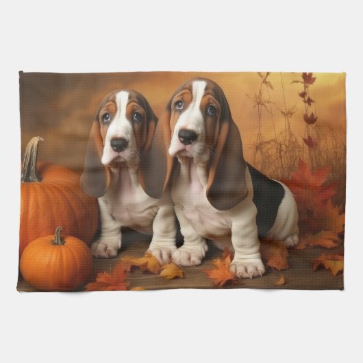 Basset Hound Puppy Herfst Verrukking Pompoen Theedoek (Horizontaal)