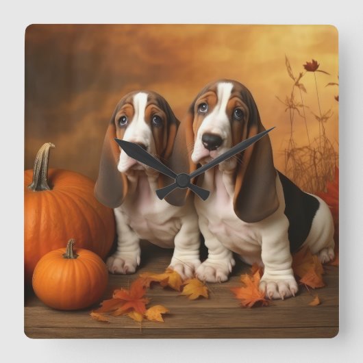 Basset Hound Puppy Herfst Verrukking Pompoen Vierkante Klok (Voorkant)