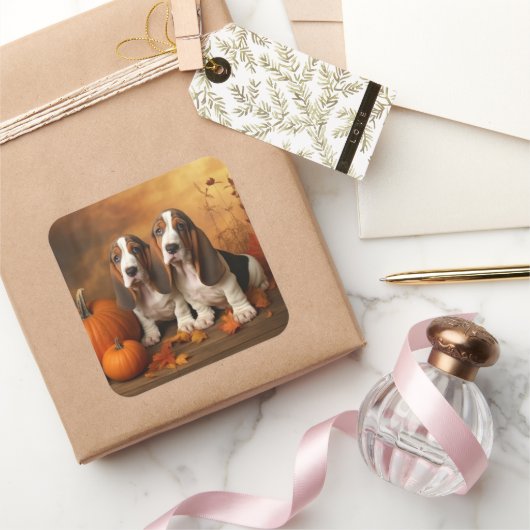 Basset Hound Puppy Herfst Verrukking Pompoen Vierkante Sticker (Geschenken)