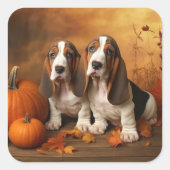 Basset Hound Puppy Herfst Verrukking Pompoen Vierkante Sticker (Voorkant)