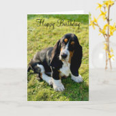 Basset Hound Puppy Hond Gelukkige Verjaardag Kaart (Gele Bloem)