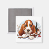 Basset Hound Puppy in een besneeuwde winterscène Magneet (Voorkant / Achterkant)