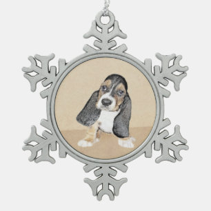 Basset Hound Puppy Painting - Oorspronkelijke hond Tin Sneeuwvlok Ornament