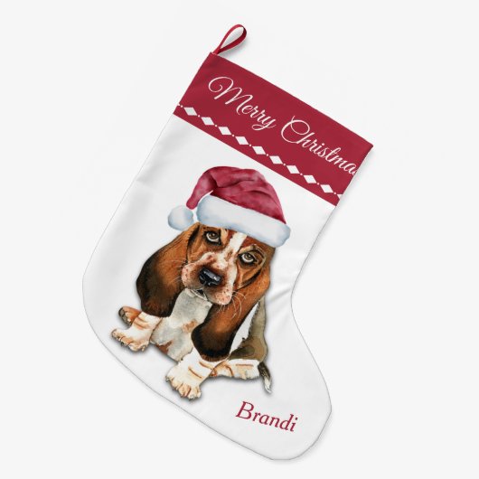 Basset Hound Puppy Snowflake Patroon Grote Kerstsok (Voorkant (Hangend))