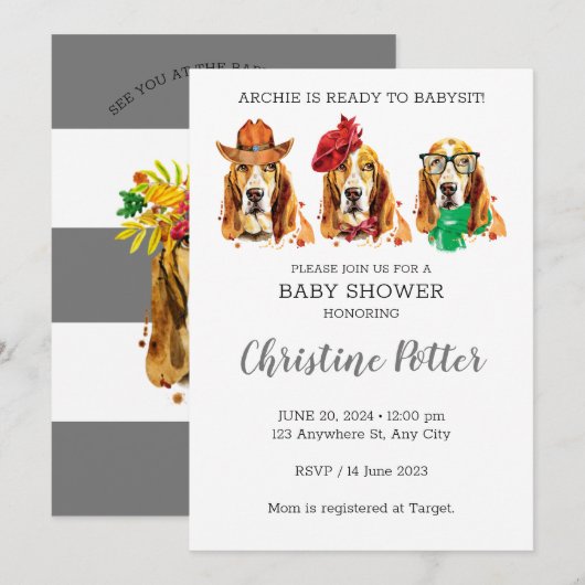 Basset Hound Puppy Theme Baby shower Uitnodiging (Voorkant / Achterkant)