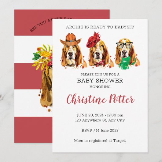 Basset Hound Puppy Theme Baby shower Uitnodiging (Voorkant / Achterkant)