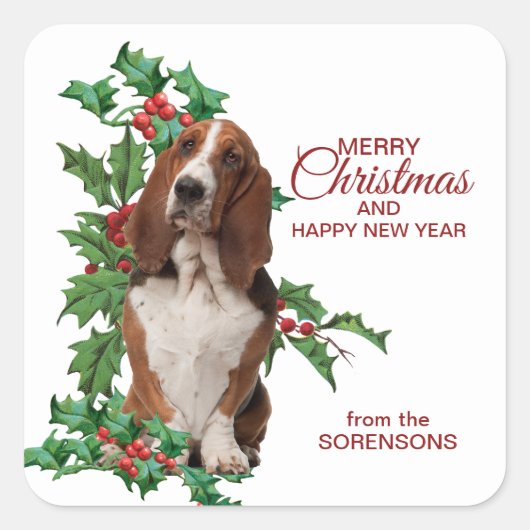 Basset Hound Red Berry Holly kerst Vierkante Sticker (Voorkant)
