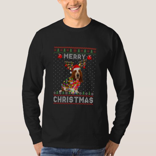 Basset Hound Reindeer Merry-kerstlampjes T-shirt (Voorkant)