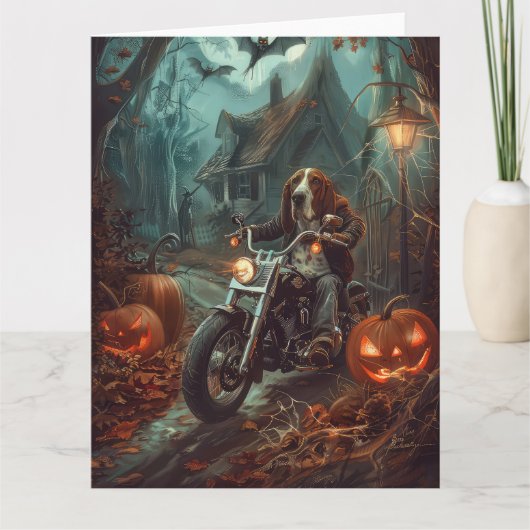 Basset Hound Riding Motorfiets Halloween Eng Kaart (Voorkant)