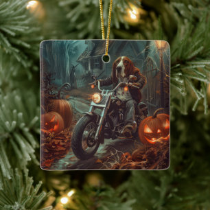 Basset Hound Riding Motorfiets Halloween Eng Keramisch Ornament